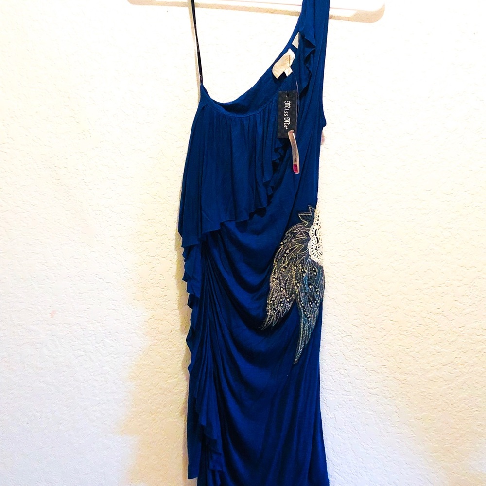 Miss Me One Sleeve Dress with Wing Blue